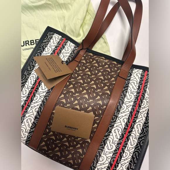 Burberry Small Monogram Striped Logo Tote NWT Bridle Brown Multicolor - Picture 6 of 10